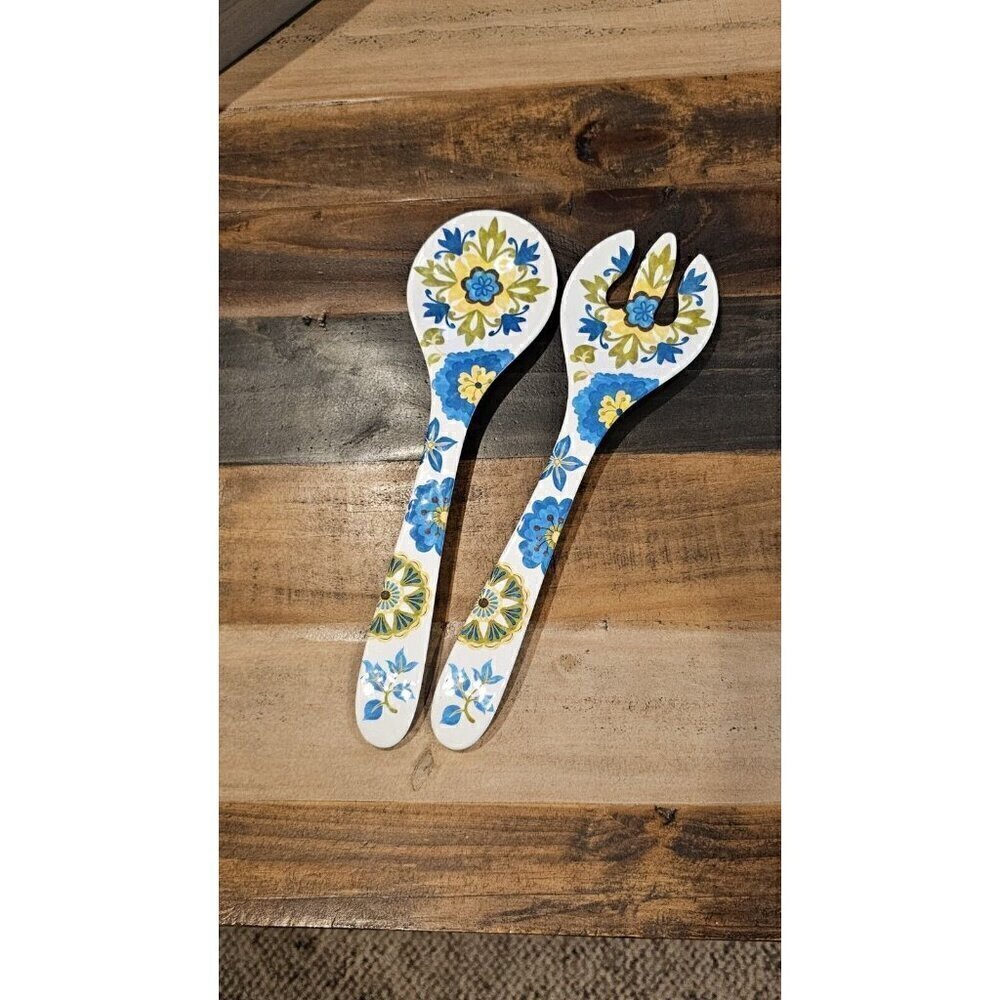 Nicole Miller FORK & SPOON Serving Utensil Set Melamine Pretty Floral Multi NEW